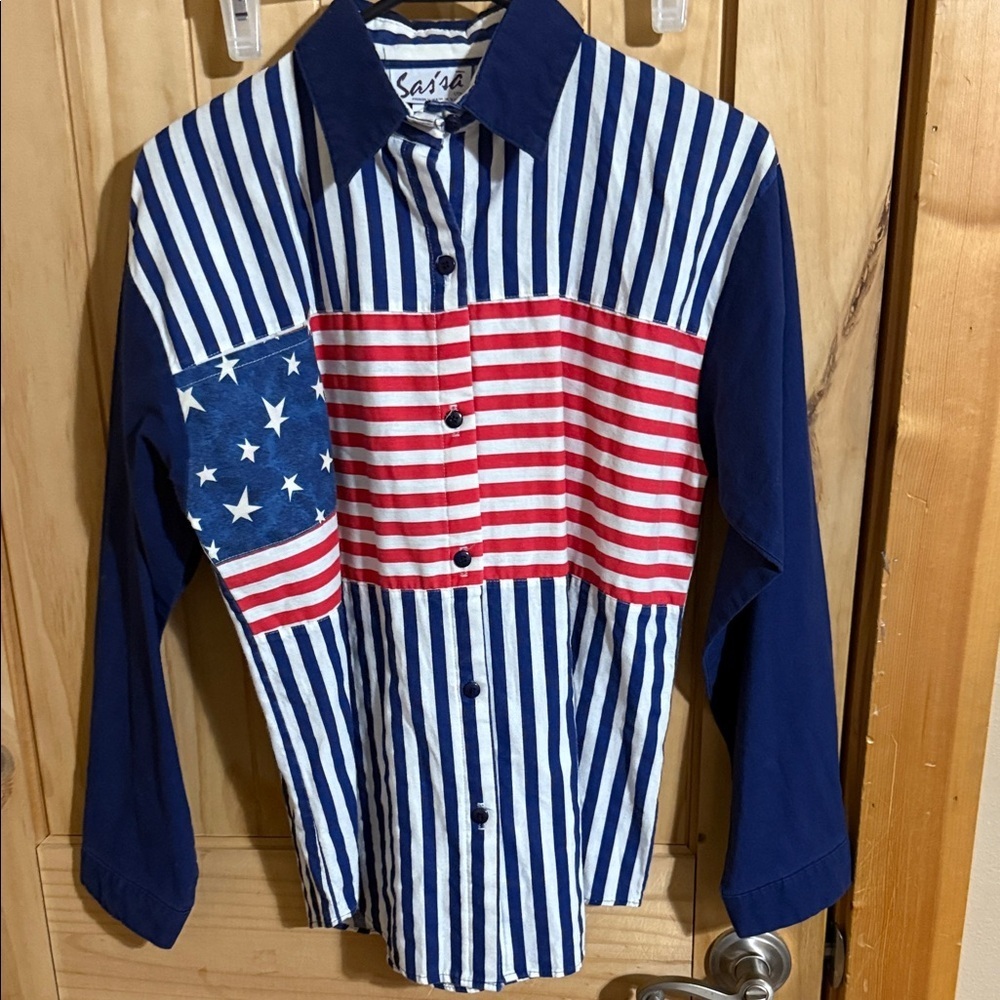 Women's Patriotic Button Down Shirt - Red, White, and Blue
